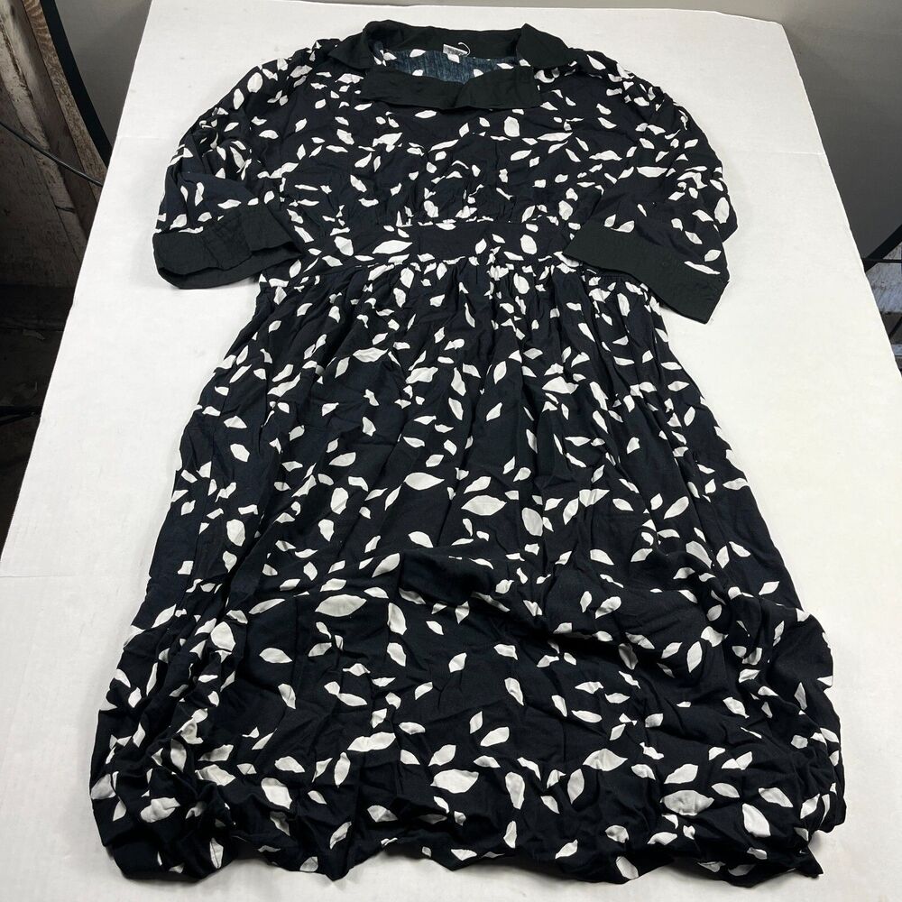 Go Fish Vintage Short Sleeve Dress XXL Black White Leaf Print Casual Artsy Boho
